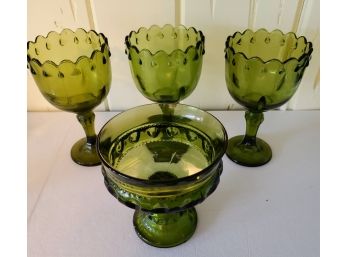 Vintage Indian Glass Footed Bowl And Three Wine Glasses