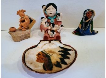 Native American Story Teller, Painted Shell, Indian Woman Figurine And Kokopelli For Your Garden