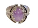 14K WHITE GOLD PURPLE CABOCHON SAPPHIRE MENS RING WITH FLORENTINE FINISH AND ROPE DESIGN