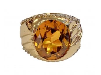 14K YELLOW GOLD OVAL CITRINE MENS RING WITH WHITE GOLD ROPE DESIGN DOWN THE SIDES