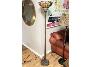 A Gorgeous Bronze And Stained Glass Torchiere Lamp