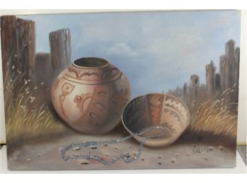 Beautiful Original Sw Pottery Oil Painting Signed Sam