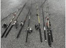 Group Lot Of 9 Fishing Rods With 5 Fishing Reels.