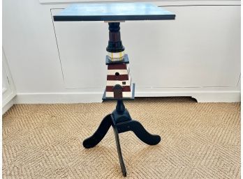 Whimsical Folk Art Nautical Side Table With Paint Decorated Ship Top & Lighthouse Bird House Base