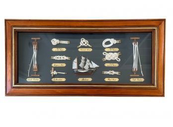 Beautiful Framed Vintage Shadow Box Of Labeled Boat Knots And A Sailing Ship
