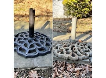 Two Compatible Cast Iron Pierced Outdoor Umbrella Stands
