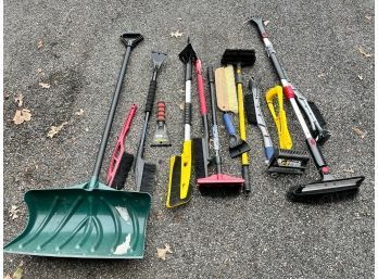 Group Of Car Windshield Scrapers, Brushes, Snow Shovel