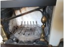 Antique Brass & Wrought Iron Fireplace Andirons & Set Of Tools