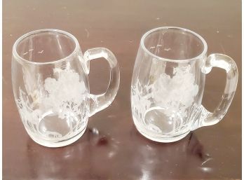 Two Pretty Clear Glass Etched Handled 5' Mugs - Equestrian Themed