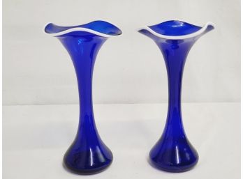 Pair Of Cobalt Blue Art Glass Bud Vase With White Ruffled Edges