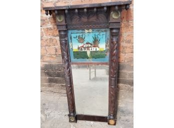 Early 2 Part Mirror With Reverse Painted House Scene