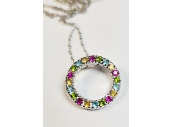 Sterling Silver Multi-colored Stone Circle Pendant And Necklace