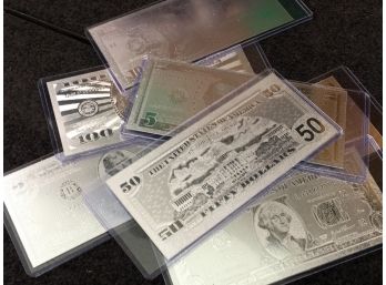 Incredible Lot Of Eight Sterling Silver Foil Currency - 1 - 2 - 5 - 10 - 20 - 50 & 2-100 Dollar Bills - COOL