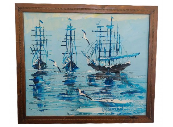 Morris Katz (1932-2010) Seascape With Boats  Oil On Masonite Painting