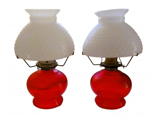 Pair Of Vintage Ruby Glass Oil Kerosene Lamps With Milk Glass Hobnail Shades