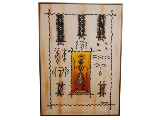 Large Signed Very Unique Tribal Art Painting With Material From Litchfield Estate