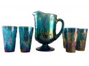 Vintage 7 Pc Indiana Glass Co Harvest Grape Blue Carnival Glass Pitcher & Tumbler Set