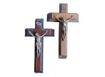 Pair Of Old Last Rites Wooden Crucifixes With Hidden Candle Holer Compartments