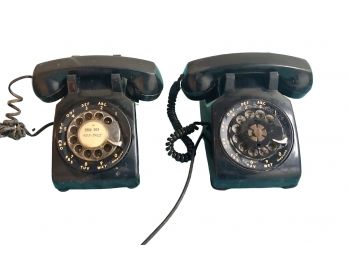 Pair Of Vintage Black Rotary Dial Table Top Telephones