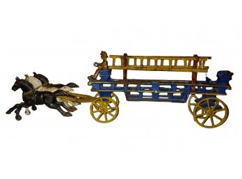 Vintage 15' Cast Iron 3 Horse Drawn Hook & Ladder Fire Truck Wagon
