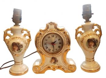 Vintage Sessions 3 Piece Electric Porcelain Clock Lamp Set