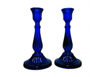 Nice Pair Of Vintage Cobalt Blue Glass 10 3/4' Candle Holders