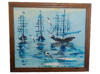 Morris Katz (1932-2010) Seascape With Boats  Oil On Masonite Painting