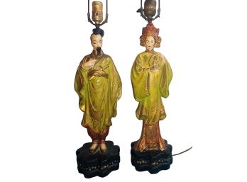 Pair Of Antique Hand Painted Asian Figural Lamps