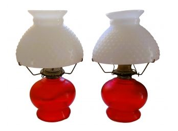 Pair Of Vintage Ruby Glass Oil Kerosene Lamps With Milk Glass Hobnail Shades