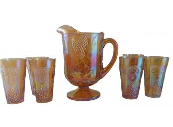 Vintage 7 Pc Indiana Glass Co Harvest Grape Amber Carnival Glass Pitcher & Tumbler Set
