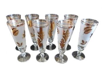 Set Of 8 Vintage Mid Century Libbey Frosted Golden Leaf 8 1/4' Pilsner Beer Or Champaign Glasses