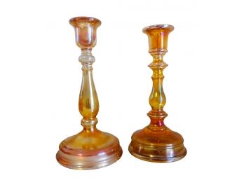 Vintage  Marigold Carnival Glass Candlesticks