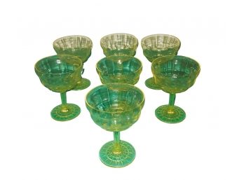 Set Of 7 Vintage Vaseline Uranium Glass Stemmed Wine Goblets