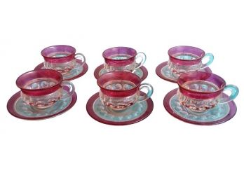Tiffin Kings Crown Thumbprint 6 Cup & Saucer Sets Ruby Flas Glass