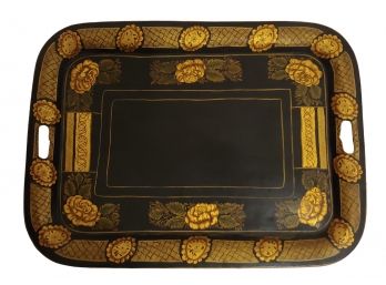 Beautiful Antique 19thc Hand Painted Tole Tray With Gilt Borders Flowers