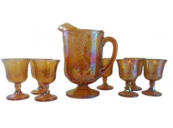 Vintage 8 Pc Indiana Glass Co Harvest Grape Amber Carnival Glass Pitcher & Goblet Set