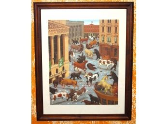 Signed Numbered Framed Wall Street NYSE Bulls & Bears Battle In The Streets Print  25 X 32