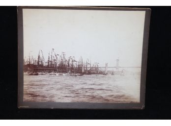 Original Large Cabinet Card Photograph Of Tall Masted Ships With Bridge - George Rockwood Studio New York