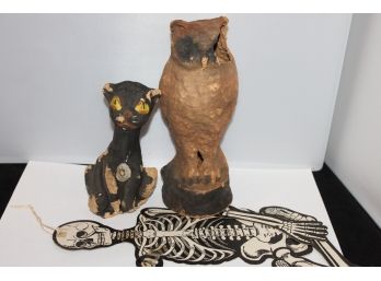 Antique Halloween Candy Container And Decoration Lot - Owl And Black Cat - Rare Pieces In As Found Condition