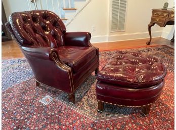Hancock & Moore Tufted Back  Oxblood Leather Chair With Nailhead Trim  And Tufted Matching Ottoman.