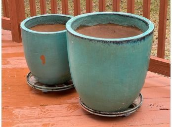 Pair Of Glazed Compatible Outdoor Ceramic Planters