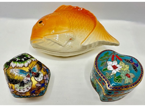 2 Miniature Cloisonne Trinket Boxes & Ceramic Goldfish Covered Dish