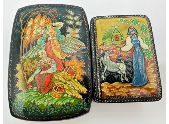 2 Vintage Russian Hand Painted Lacquer Trinket Boxes