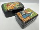 2 Vintage Russian Hand Painted Lacquer Trinket Boxes