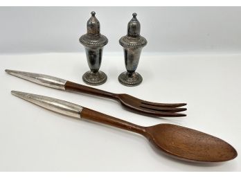 Vintage Weighted Silver Salt & Pepper Shakers By Emoire & Wood With Silver Plate Salad Tongs From France