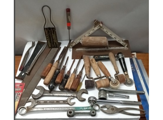 Hand Tools Lot: Rulers, Glue Rollers, Files, Ice Pick,Wenches,Pliers,hacksaw Blades ,prybars, Jigsaw Blades E5