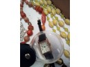 Lovely Jewelry, 4 Necklaces, 2 Pairs Clip On Earrings, Sparkling Pin, Poly Bracelet, Timex Watch  D3