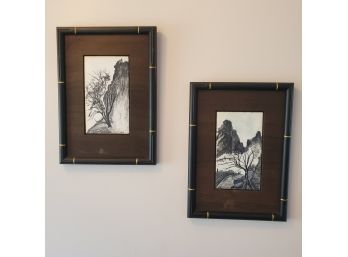Two Landscape Paintings On Tiles - With Black Wood Frames & Matting  From Joan Itzcovitz Bay Side N.y.