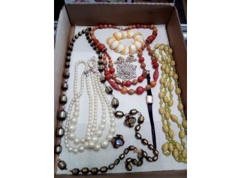 Lovely Jewelry, 4 Necklaces, 2 Pairs Clip On Earrings, Sparkling Pin, Poly Bracelet, Timex Watch  D3