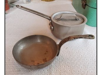 Two  Vintage Heavy Metal Pans- JCS Heinrichs Pure Nickel Frying Pan & Calphalon Lidded Saucepan. D4